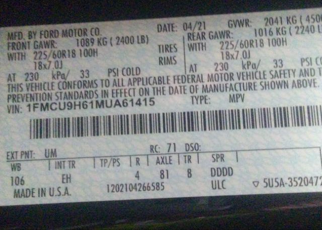 2021 FORD ESCAPE(VIN: 1FMCU9H61MUA61415