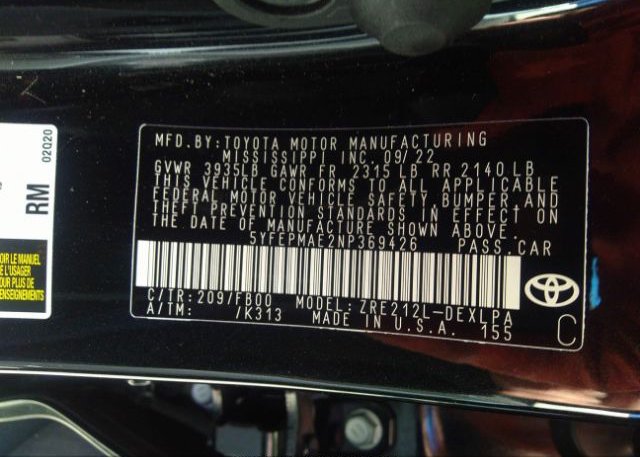 2022 TOYOTA COROLLA(VIN: 5YFEPMAE2NP369426