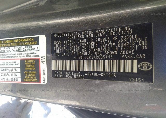 4T4BF3EK3AR085415 2010 TOYOTA CAMRY