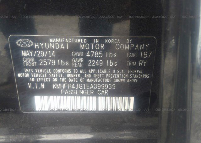 KMHFH4JG1EA399939 2014 HYUNDAI AZERA