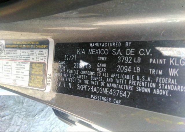 2022 KIA FORTE(VIN: 3KPF24AD3NE437647