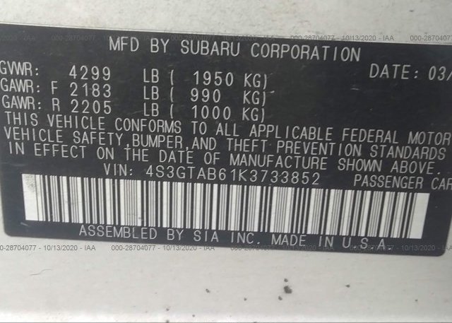 4S3GTAB61K3733852 2019 SUBARU IMPREZA