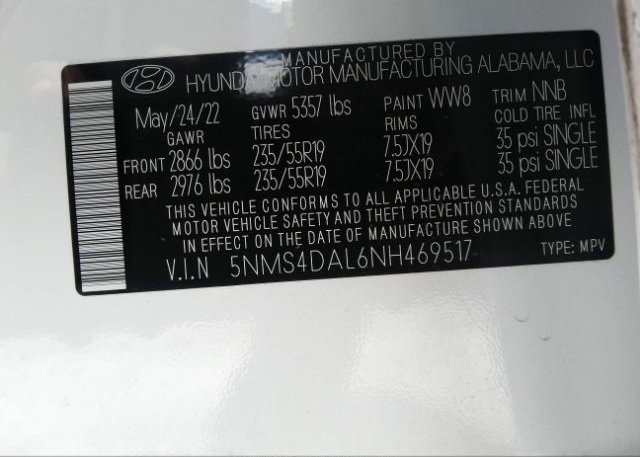 2022 HYUNDAI SANTA FE(VIN: 5NMS4DAL6NH469517