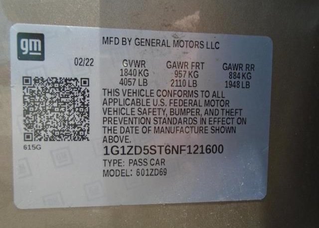 2022 CHEVROLET MALIBU(VIN: 1G1ZD5ST6NF121600