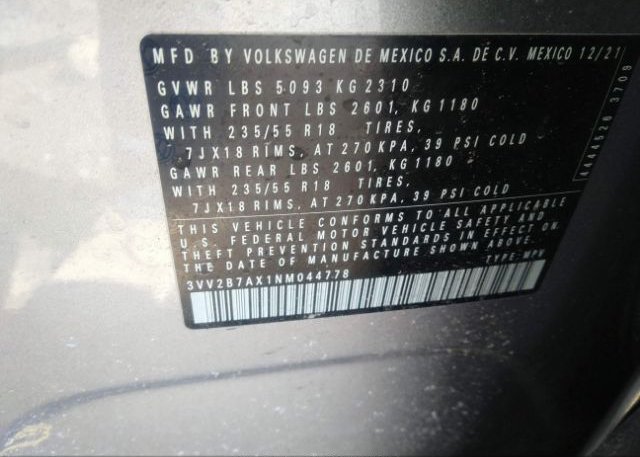 2022 VOLKSWAGEN TIGUAN(VIN: 3VV2B7AX1NM044778