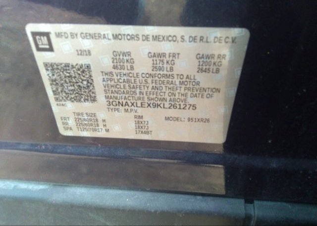 2019 CHEVROLET EQUINOX VIN: 3GNAXLEX9KL261275