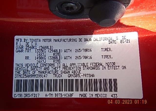 2021 TOYOTA TACOMA 4WD(VIN: 3TMCZ5AN9MM399147