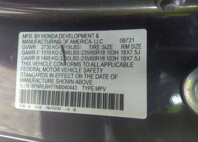 2022 HONDA ODYSSEY(VIN: 5FNRL6H77NB040443