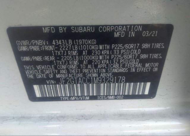 2021 SUBARU CROSSTREK(VIN: JF2GTACC1M9329178