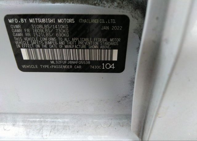 2022 MITSUBISHI MIRAGE G4(VIN: ML32FUFJ8NHF05538