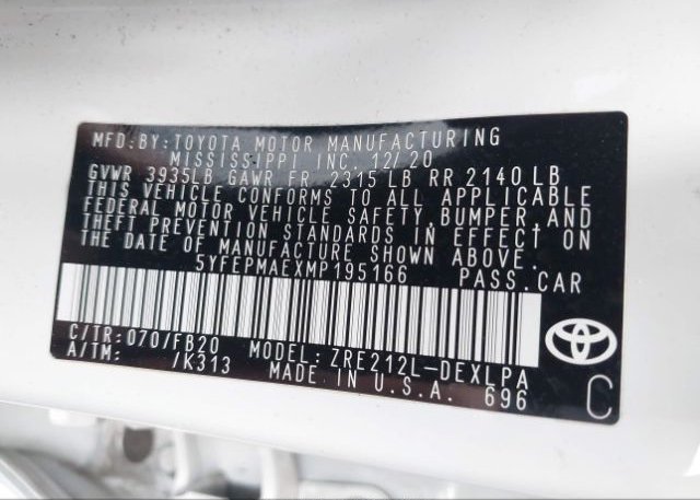 2021 TOYOTA COROLLA(VIN: 5YFEPMAEXMP195166