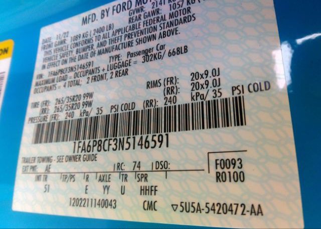 2022 FORD MUSTANG(VIN: 1FA6P8CF3N5146591
