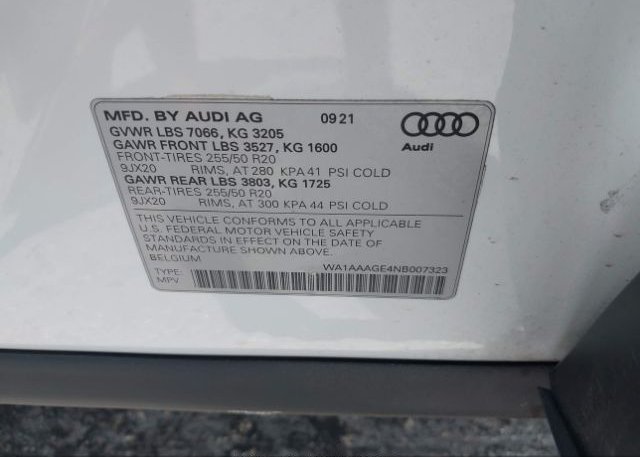 2022 AUDI E-TRON(VIN: WA1AAAGE4NB007323