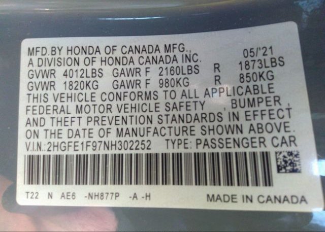 2022 HONDA CIVIC SEDAN(VIN: 2HGFE1F97NH302252