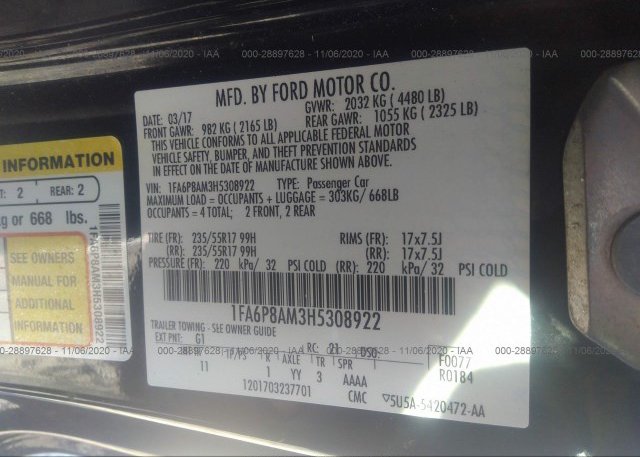 1FA6P8AM3H5308922 2017 FORD MUSTANG