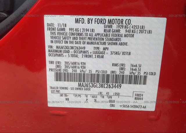 MAJ6S3GL3KC263449 2019 FORD ECOSPORT