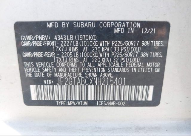 2022 SUBARU CROSSTREK(VIN: JF2GTABCXNH215401
