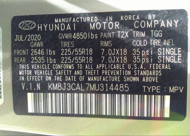 2021 HYUNDAI TUCSON(VIN: KM8J3CAL7MU314485