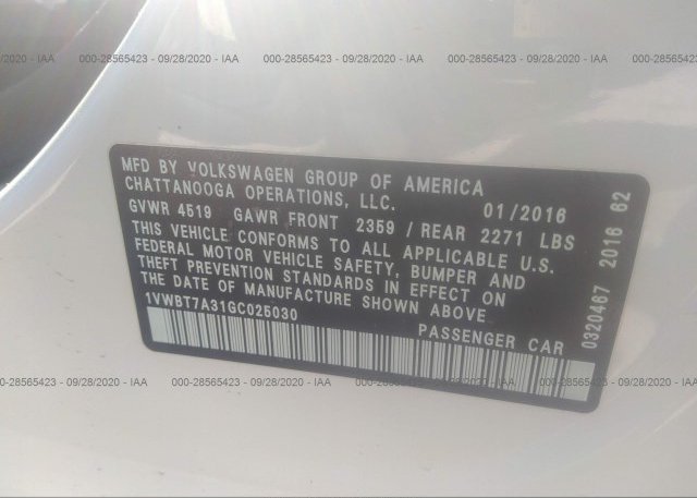 1VWBT7A31GC025030 2016 VOLKSWAGEN PASSAT