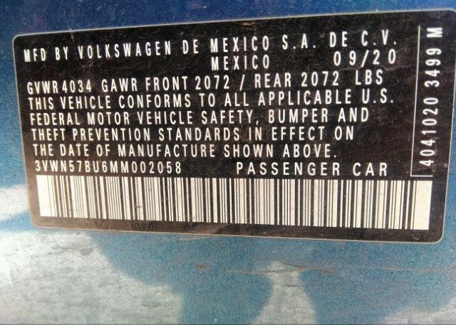 2021 VOLKSWAGEN JETTA(VIN: 3VWN57BU6MM002058