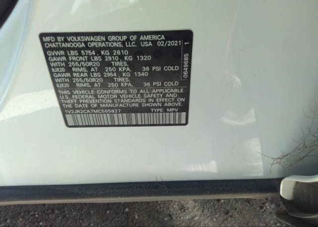 2021 VOLKSWAGEN ATLAS(VIN: 1V2JR2CA7MC565827