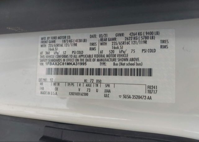2021 FORD TRANSIT PASSENGER WAGON(VIN: 1FBAX2C81MKA31995