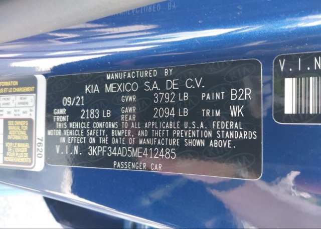 2021 KIA FORTE(VIN: 3KPF34AD5ME412485