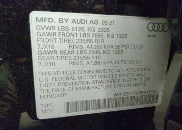 2022 AUDI Q3 VIN: WA1EECF30N1031240