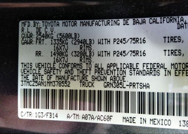 2021 TOYOTA TACOMA 4WD(VIN: 3TMCZ5AN1MM378552