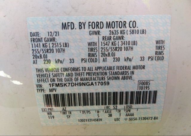 2022 FORD EXPLORER(VIN: 1FMSK7DH9NGA17059