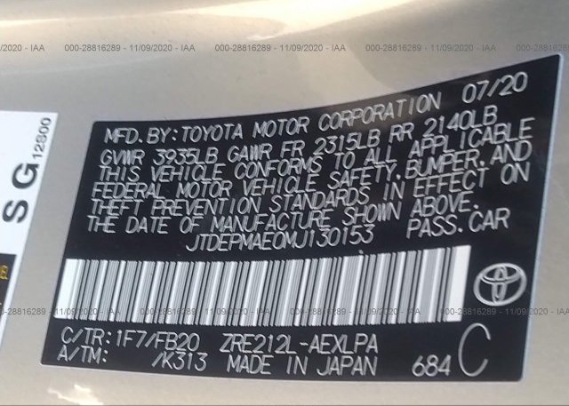JTDEPMAE0MJ130153 2021 TOYOTA COROLLA