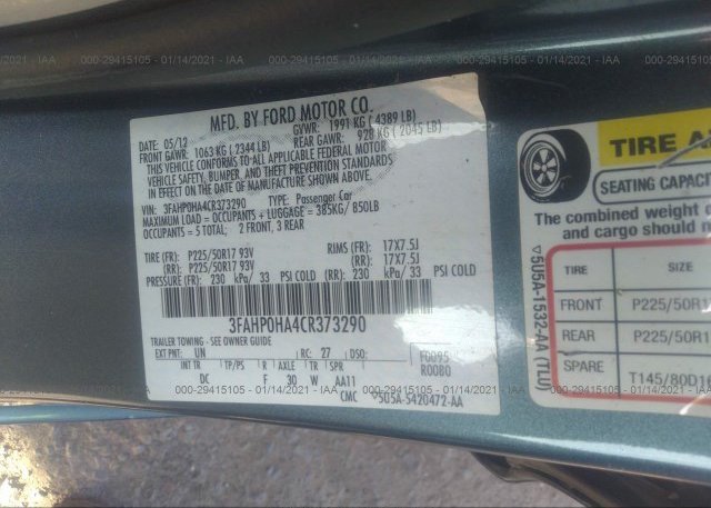 3FAHP0HA4CR373290 2012 FORD FUSION
