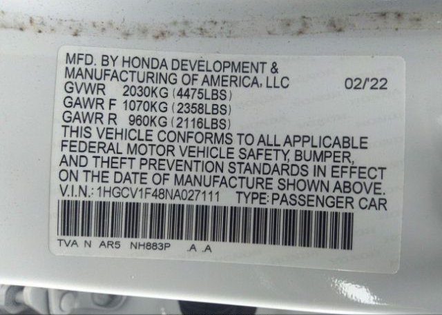 2022 HONDA ACCORD SEDAN(VIN: 1HGCV1F48NA027111