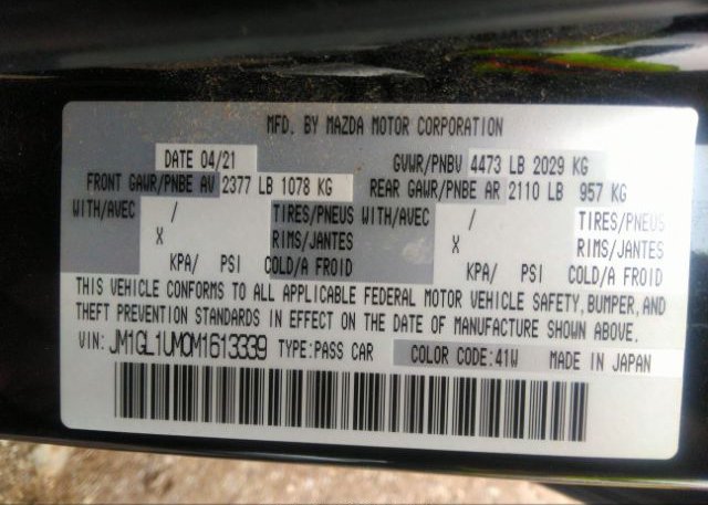 2021 MAZDA MAZDA6(VIN: JM1GL1UM0M1613339