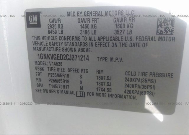 1GNKVGED2CJ371214 2012 CHEVROLET TRAVERSE