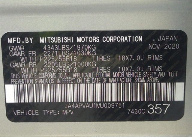 2021 MITSUBISHI OUTLANDER SPORT(VIN: JA4APVAU1MU009751