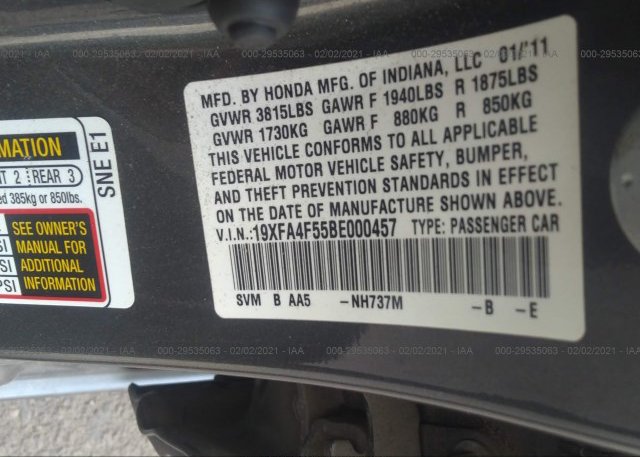 19XFA4F55BE000457 2011 HONDA CIVIC SDN