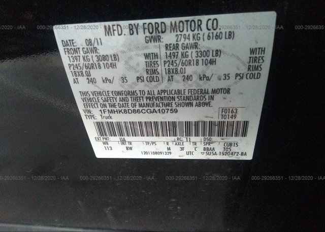 1FMHK8D86CGA10759 2012 FORD EXPLORER