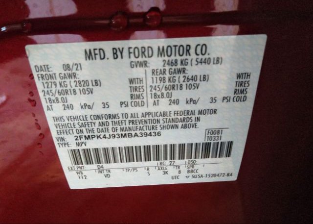 2021 FORD EDGE(VIN: 2FMPK4J93MBA39436