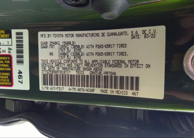 2022 TOYOTA TACOMA 4WD(VIN: 3TYDZ5BN8NT010717