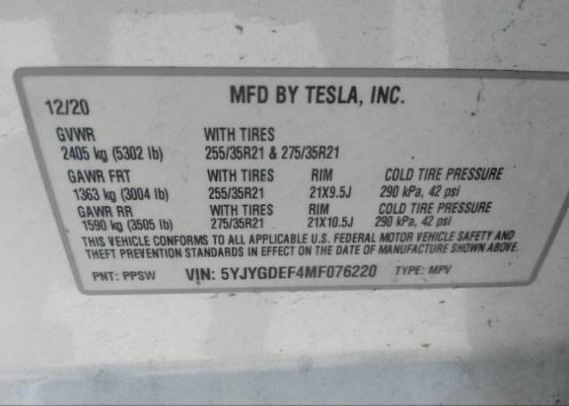 2021 TESLA MODEL Y(VIN: 5YJYGDEF4MF076220