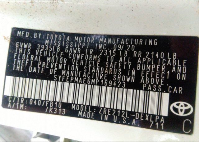 2021 TOYOTA COROLLA(VIN: 5YFEPMAE6MP169423