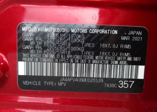 2021 MITSUBISHI OUTLANDER SPORT(VIN: JA4APVAU6MU025539