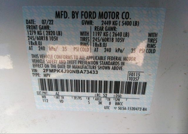 2022 FORD EDGE(VIN: 2FMPK4J90NBA73433