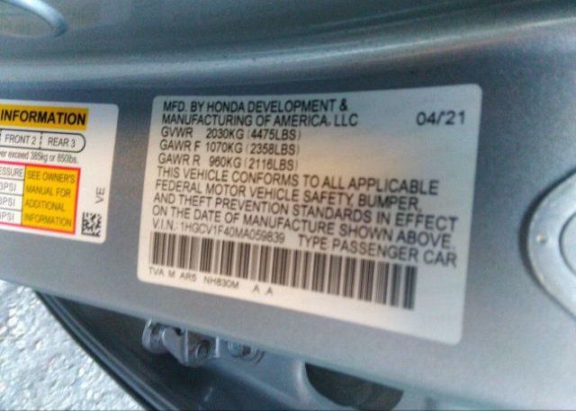 2021 HONDA ACCORD SEDAN(VIN: 1HGCV1F40MA059839