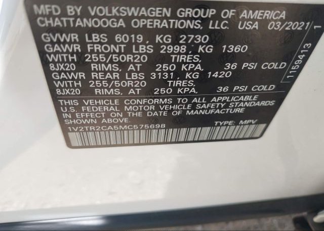 2021 VOLKSWAGEN ATLAS(VIN: 1V2TR2CA5MC575698