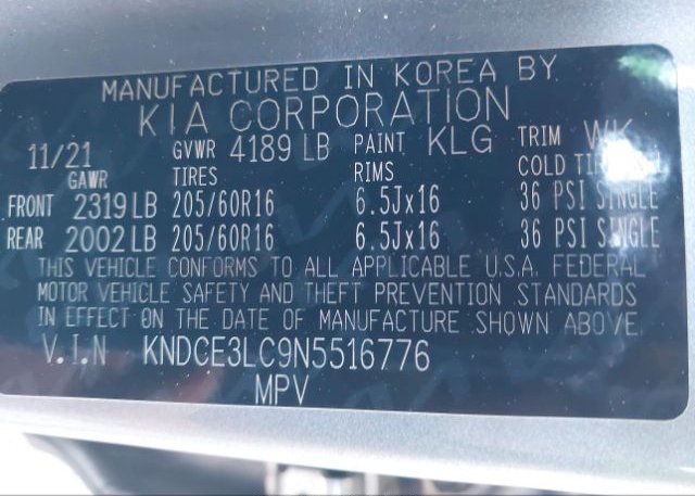 2022 KIA NIRO(VIN: KNDCE3LC9N5516776