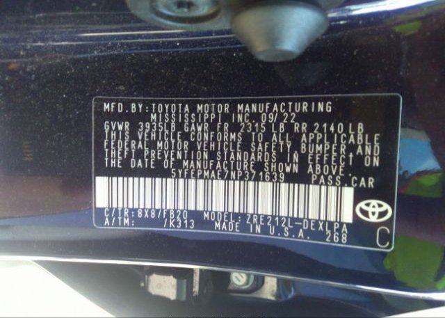 2022 TOYOTA COROLLA(VIN: 5YFEPMAE7NP371639