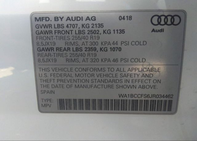 2018 AUDI Q3 VIN: WA1BCCFS6JR034462