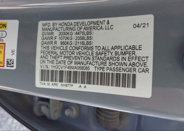 2021 HONDA ACCORD SEDAN(VIN: 1HGCV1F49MA068085